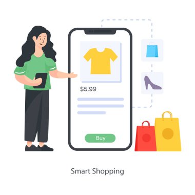 Giysilerle çevrimiçi alışveriş kavramı, vektör illüstrasyonu