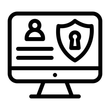 Güvenlik sistemi ikon vektörü. Dizüstü bilgisayar monitörünün ana hatları. izole edilmiş tabela çizimi