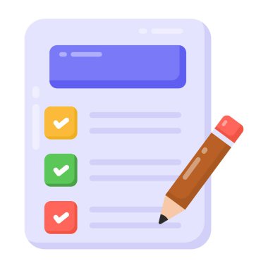 kontrol listesi, pano, not defteri, kalem, belge, liste, uygulama, ui, vektör illüstrasyonu