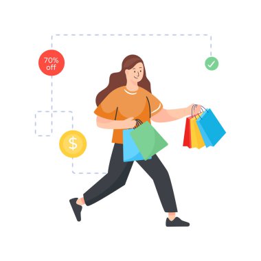 Çantalı alışveriş kadını, vektör çizimi