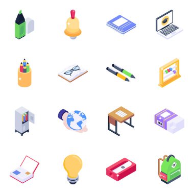 Eğitim ikonları ayarlandı. Web için okul vektör simgesinin izometrik illüstrasyonu