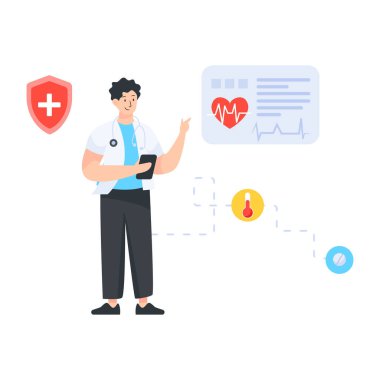 Steteskop ve tabletli bir doktor. vektör illüstrasyonu