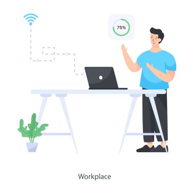 Bilgisayarlı ve bilgisayarlı adam ofiste. vektör illüstrasyonu