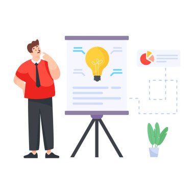 Ofisinde beyaz tahtası olan bir iş adamı. vektör illüstrasyonu