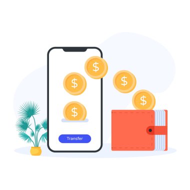 Dolar ve sikke vektör çizimi içeren para çantası