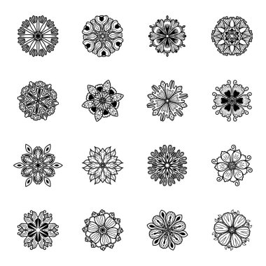  Çiçek süslemeleri, yuvarlak geometrik elementler, bej arka planda izole edilmiş.