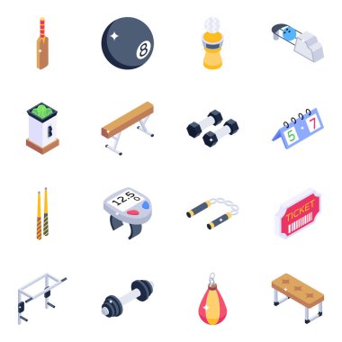 Ekipman ve uzay simgesinin vektör çizimi. Web için spor ve fitness hisse senedi seti.