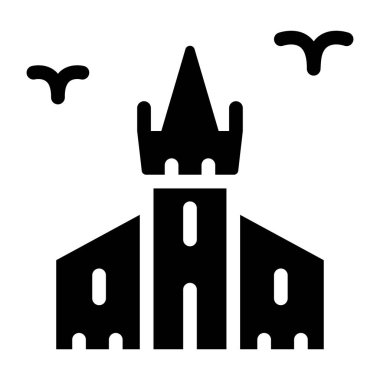 Beyaz arkaplanda izole edilmiş düz bir kale simgesi. Cadılar Bayramı sembolü vektör illüstrasyonu