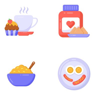 Kahvaltı ikonları hazır. Web için 9 besin vektörü simgesinin karikatür çizimi