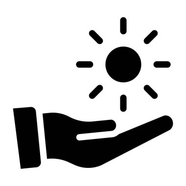 Bir güneş ikonunu tutan el. düz tasarım biçimi.