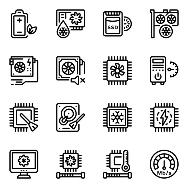 bilgisayar çipi simgesi seti. Beyaz arkaplanda izole edilmiş web için 16 sistem vektör simgesinden oluşan bir paket