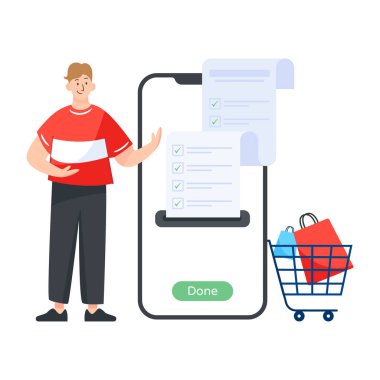 Alışveriş arabası ve kredi kartı çizimi olan bir adam.