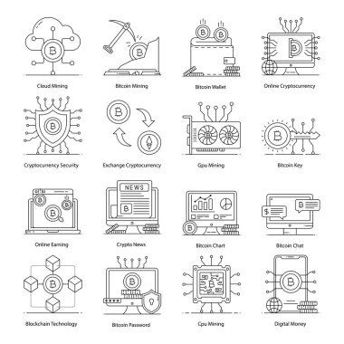 Seo ve teknoloji ikonunun vektör çizimi. Web için yenilik ve kripto stok sembolü seti.
