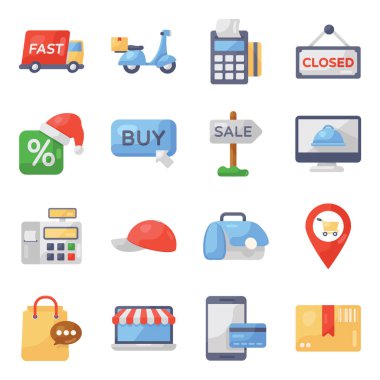 Alışverişin düz simgeleri, vektör illüstrasyonu