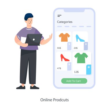 Bir çanta şarap ve dizüstü bilgisayarı olan bir adam. vektör illüstrasyonu