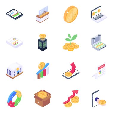 Para simgeleri ayarlandı. Web için 9 iş vektörü simgesinin izometrik çizimi