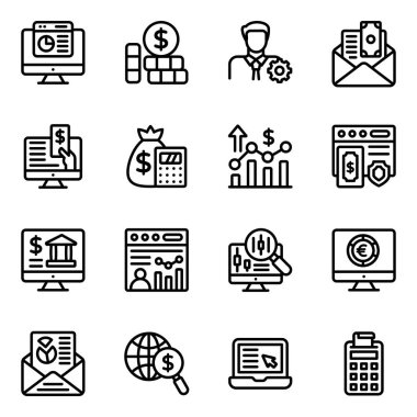 İş ve finans çizgisi simgeleri ayarlandı. web tasarımı için 16 yaratıcı vektör simgesinden oluşan özet paketi