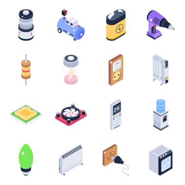Ağ ve mobil uygulamalar için 9 izometrik elektronik aygıt, araba ve diğer vektör nesnesi seti