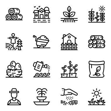 Çiftlik ve doğa çizgisi simgeleri ayarlandı. Beyaz arkaplanda izole edilmiş ağ için çiftçilik vektör simgesinin basit biçimi