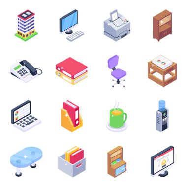 Ofisin izometrik simgeleri, vektör illüstrasyonu