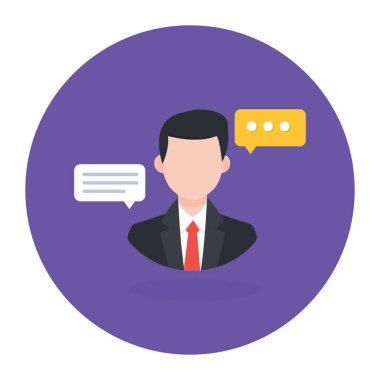 Konuşma balonu ikonu olan bir iş adamı. Web için sohbet vektör simgelerine sahip adamın düz çizimi