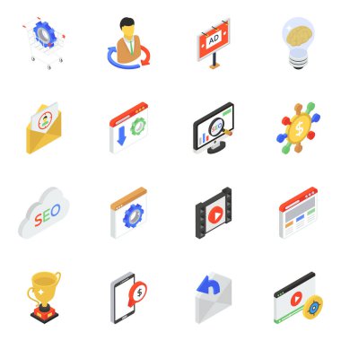 İş ve teknoloji ile seo simgeleri, vektör illüstrasyonu