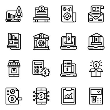 Bankacılık ve finans, para, banka ve diğer sembollerin vektör simgeleri.