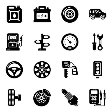 Araba servisi simgesi ayarlandı. siyah ve beyaz resimleme.