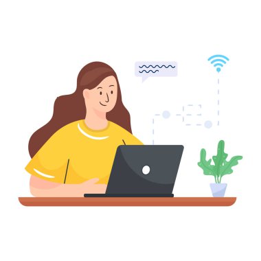 Laptop bilgisayarı ve wifi vektör çizimi olan kadın
