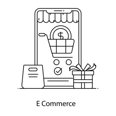 Sepet çizgisi simgesi olan alışveriş arabası, taslak vektör işareti, doğrusal stil izole illüstrasyon.