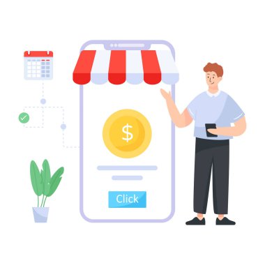 Akıllı telefon ve para vektör çizimine sahip bir adam