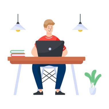 Adam dizüstü bilgisayarla çalışıyor, vektör illüstrasyonu