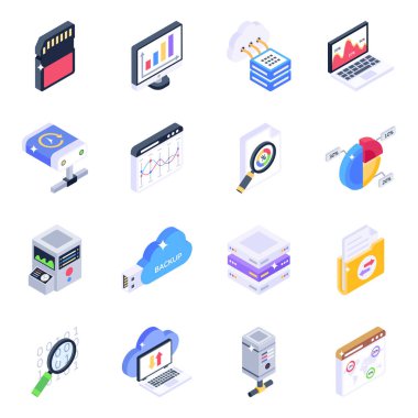 Verilerin izometrik simgeleri, vektör illüstrasyonu