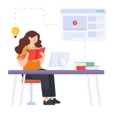 Bilgisayarda çalışan genç bir kadın. vektör illüstrasyonu