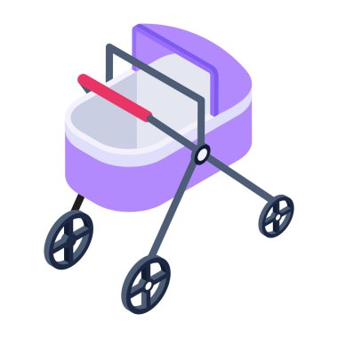 Bebek arabası ikonu. Beyaz arkaplanda izole edilmiş web tasarımı için küçük taşıma vektör simgelerine sahip bebek arabasının izometriği