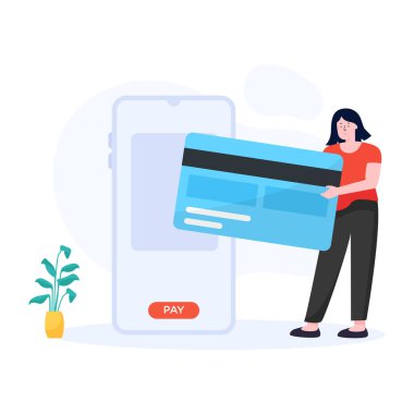 Kredi kartı ve akıllı telefon vektör çizimi tasarımı olan kadın