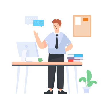 Dizüstü bilgisayar ve vektör illüstrasyonuyla çalışan iş adamı