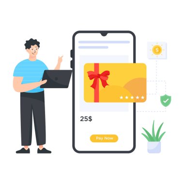 İnternetten alışveriş. Akıllı telefonu ve dizüstü bilgisayarı olan bir adam. vektör illüstrasyonu