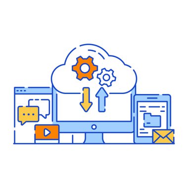 Bulut hesaplama ve teknoloji tema çizgisi simgeleri. vektör illüstrasyonu