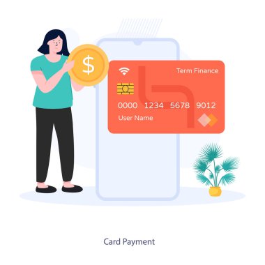 Kredi kartı ve akıllı telefon vektör illüstrasyon tasarımlı iş kadını