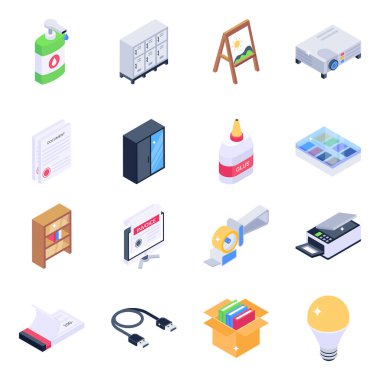 Mağazanın izometrik simgeleri ve bir dizi modern düz stil vektör çizimi