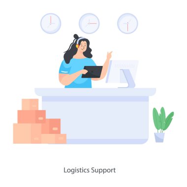 Genç bir kadın ofiste masa başında oturuyor. vektör illüstrasyonu.