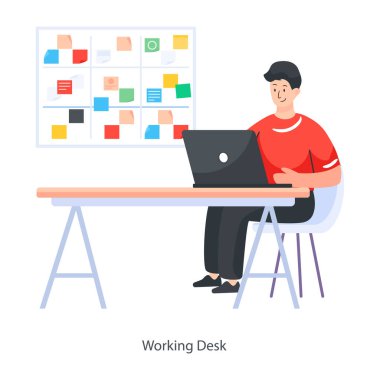 Adam dizüstü bilgisayarla çalışıyor, vektör illüstrasyonu