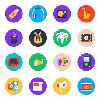 Müzik ve eğlence ikonları ayarlandı. Beyaz üzerinde izole edilmiş web tasarımı için basit 36 müzik enstrümanı vektör simgesi biçimi