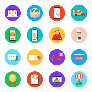 mobil bankacılık ve finans düz simgeleri ayarlandı