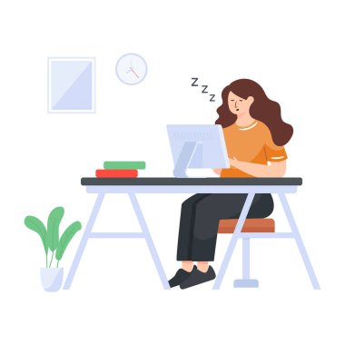 Dizüstü bilgisayarda çalışan genç bir kadın. vektör illüstrasyonu