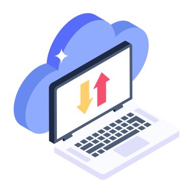 Bulut hesaplama ve gönderme simgesi. Okun resimlerini indiren dizüstü bilgisayarın izometriği