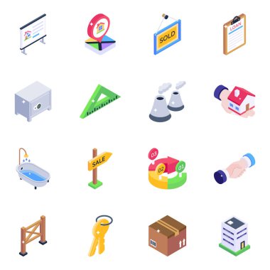 Herhangi bir tasarım için izometrik 3d biçiminde 9 evrensel simge kümesi