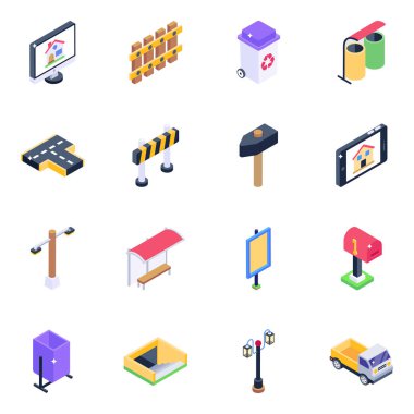 Mağazanın izometrik simgeleri, bir grup insanla, 3D görüntüleme