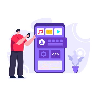 Akıllı telefonu ve cep telefonu olan metin vektörü illüstrasyonlu bir adam